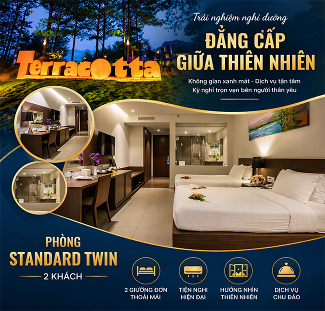 Terracotta Resort Đà Lạt 4* - 2N1Đ Phòng Standard Twin - Ăn Sáng - 2 Khách. Voucher 2,600,000 VNĐ, Còn 1,590,000 VNĐ, Giảm 39%. Chỉ Có Tại Hotdeal.vn!