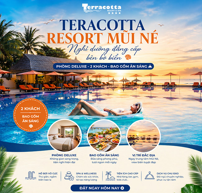 Terracotta Resort Mũi Né 4* - 2N1Đ Phòng Deluxe - Ăn Sáng - 2 Khách. Voucher 2,600,000 VNĐ, Còn 1,790,000 VNĐ, Giảm 31%. Chỉ Có Tại Hotdeal.vn!