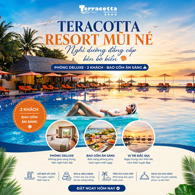 Terracotta Resort Mũi Né 4* - 2N1Đ Phòng Deluxe - Ăn Sáng - 2 Khách. Voucher 2,600,000 VNĐ, Còn 1,790,000 VNĐ, Giảm 31%. Chỉ Có Tại Hotdeal.vn!