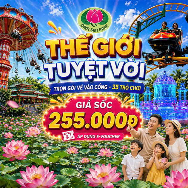 Đầm Sen - Vé Trọn Gói Vào Cổng + 35 Trò Chơi Hấp Dẫn. Voucher 300,000 VNĐ, Còn 255,000 VNĐ, Giảm 15%. Chỉ Có Tại Hotdeal.vn!