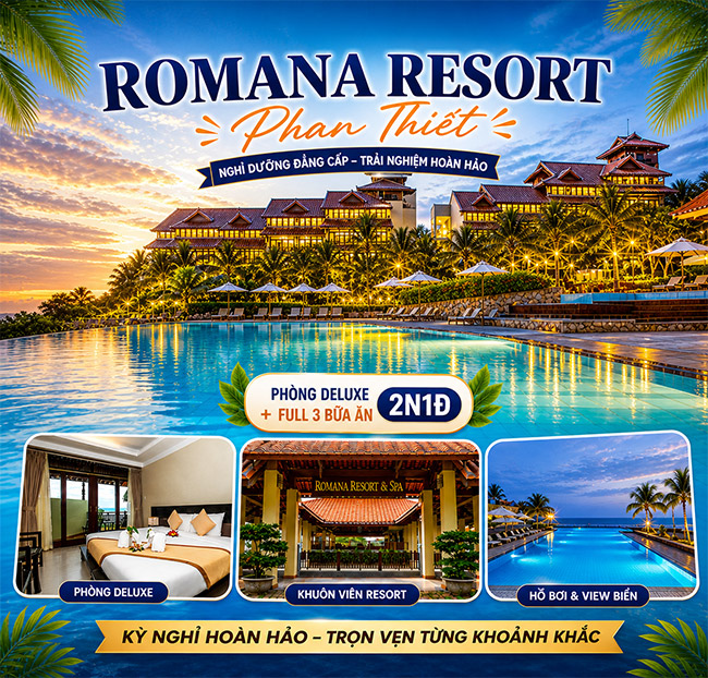 Romana Resort Phan Thiết 4* - 2N1Đ Phòng Deluxe + Full 3 Bữa Ăn. Voucher 3,200,000 VNĐ, Còn 2,090,000 VNĐ, Giảm 35%. Chỉ Có Tại Hotdeal.vn!