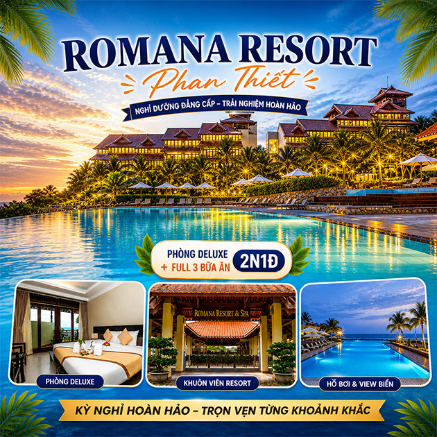 Romana Resort Phan Thiết 4* - 2N1Đ Phòng Deluxe + Full 3 Bữa Ăn. Voucher 3,200,000 VNĐ, Còn 2,090,000 VNĐ, Giảm 35%. Chỉ Có Tại Hotdeal.vn!