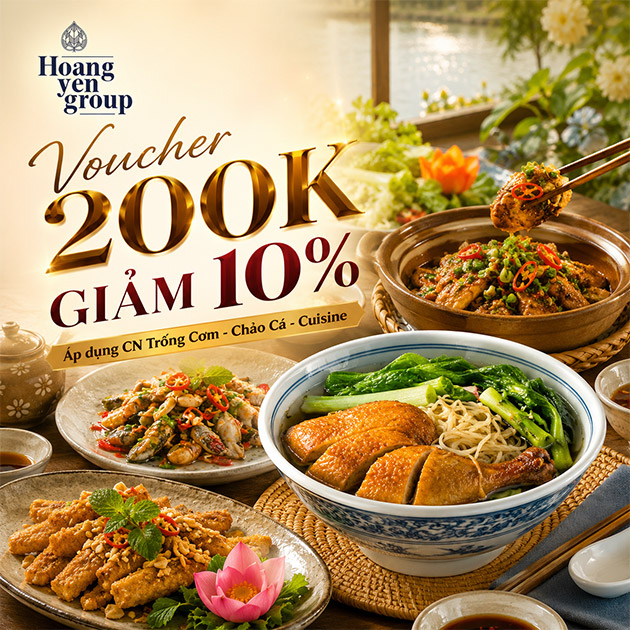 Hệ Thống Hoàng Yến Group - Voucher 200K Ưu Đãi 10% - Trống Cơm - Chảo Cá - Hoàng Yến Cuisine. Voucher 200,000 VNĐ, Còn 180,000 VNĐ, Giảm 10%. Chỉ Có Tại Hotdeal.vn!