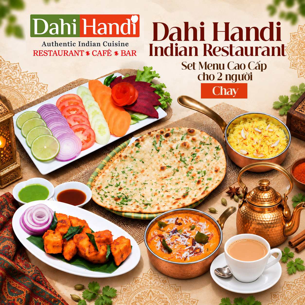 Dahi Handi Indian Restaurant - Set Menu Cao Cấp Cho 2 Người. Voucher 679,000 VNĐ, Còn 529,000 VNĐ, Giảm 22%. Chỉ Có Tại Hotdeal.vn!