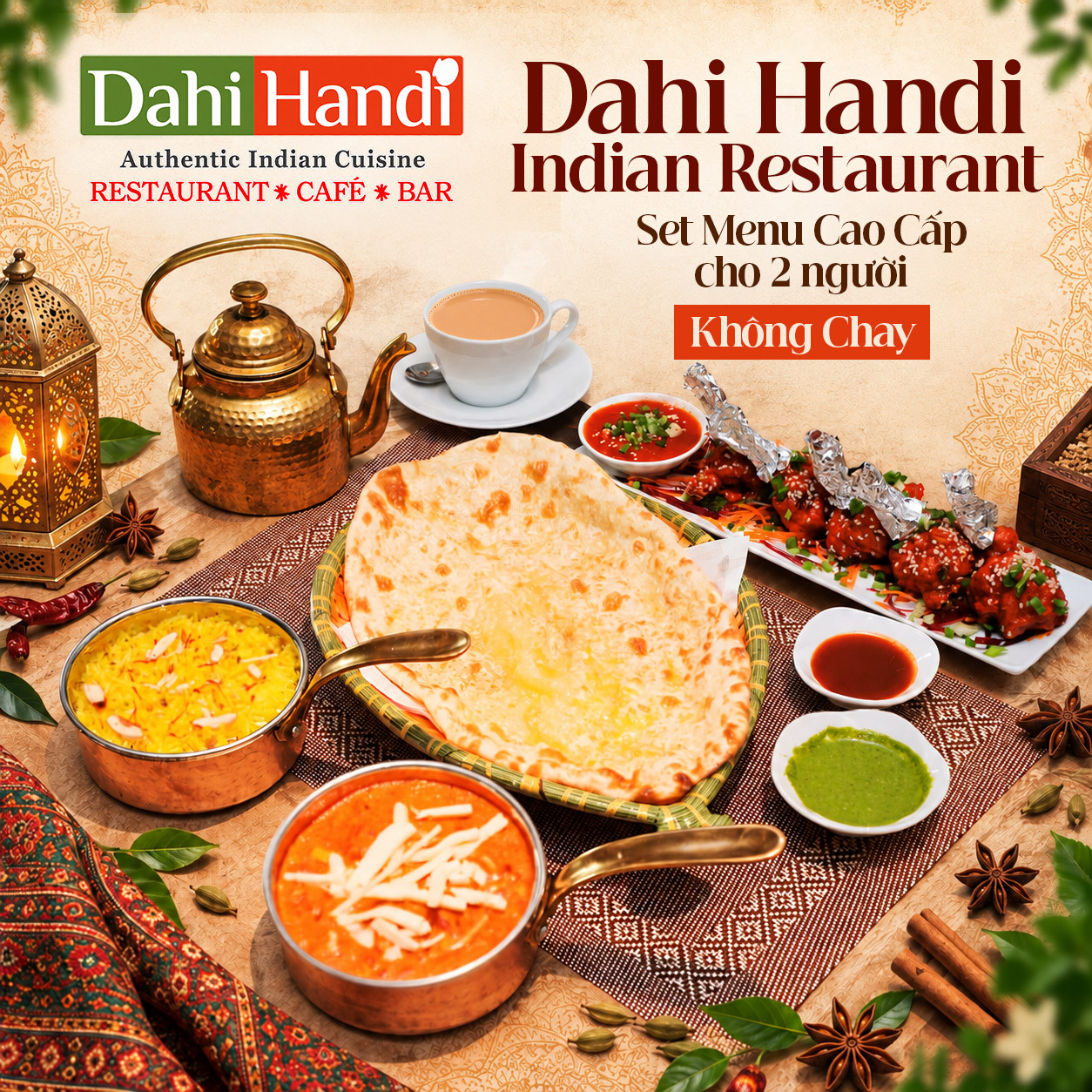 Dahi Handi Indian Restaurant - Set Menu Cao Cấp Cho 2 Người. Voucher 679,000 VNĐ, Còn 529,000 VNĐ, Giảm 22%. Chỉ Có Tại Hotdeal.vn!