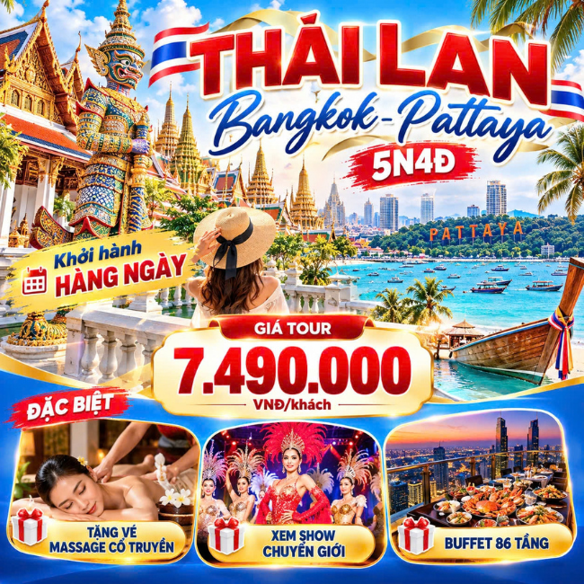 Tour Thái Lan 5N4Đ - Bangkok - Pattaya - Nongnooch - Đảo Koh Larn. Voucher 9,490,000 VNĐ, Còn 7,490,000 VNĐ, Giảm 21%. Chỉ Có Tại Hotdeal.vn!